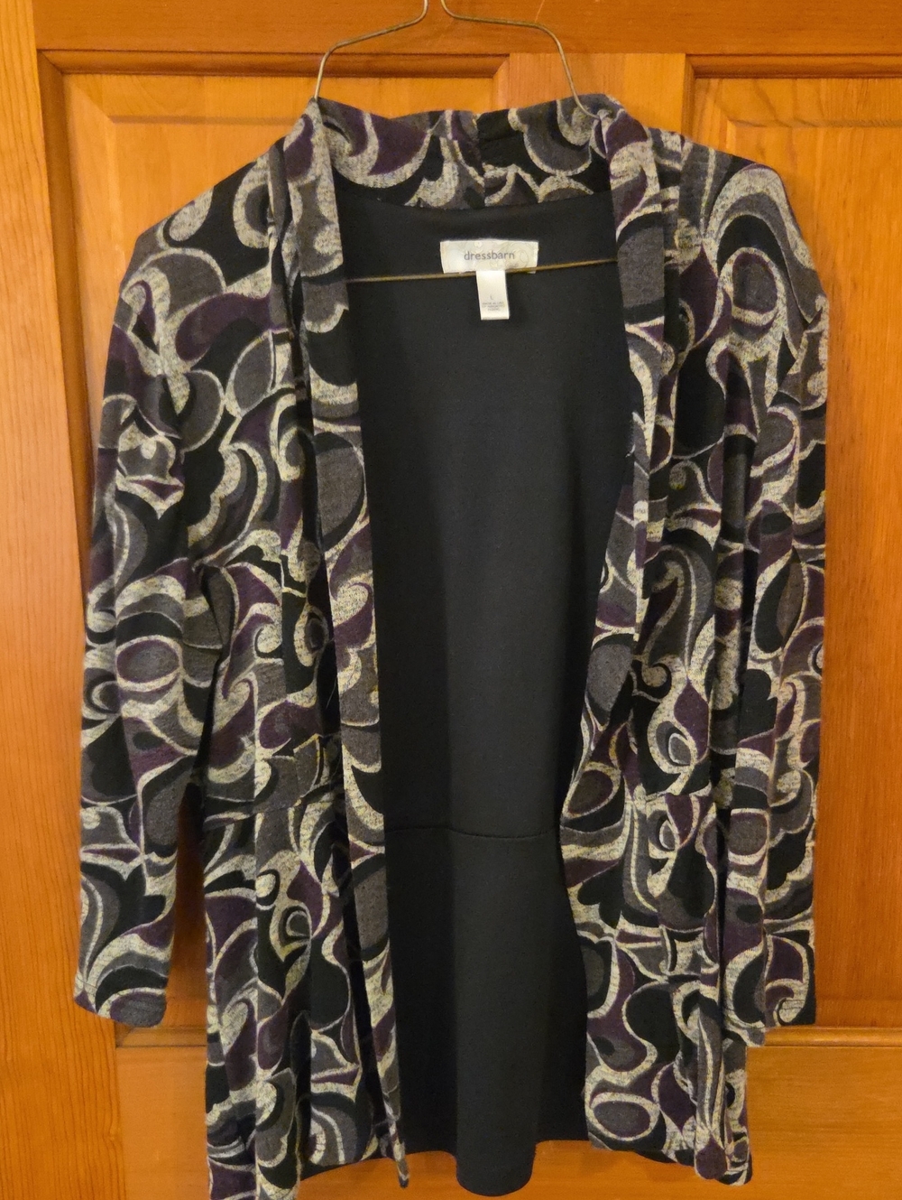 Dressbarn Abstract Open Front Jacket in Black & Purple Size Large